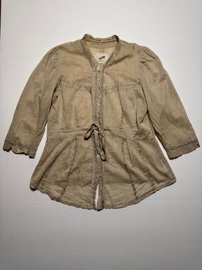 PETE & GRETA Women's 100% Cotton Sheer Light Brown Tie-Waist Button Up Shirt LG